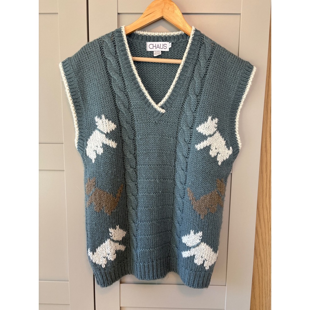 Vintage Chaus Scottie Dog Vest Preppy Grandmacore Blue Cable Knit V-Neck Medium
